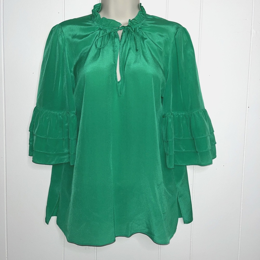 Alice +Olivia Julius Kelly Green Silk‎ Ruffle Sleeve Blouse Size Small